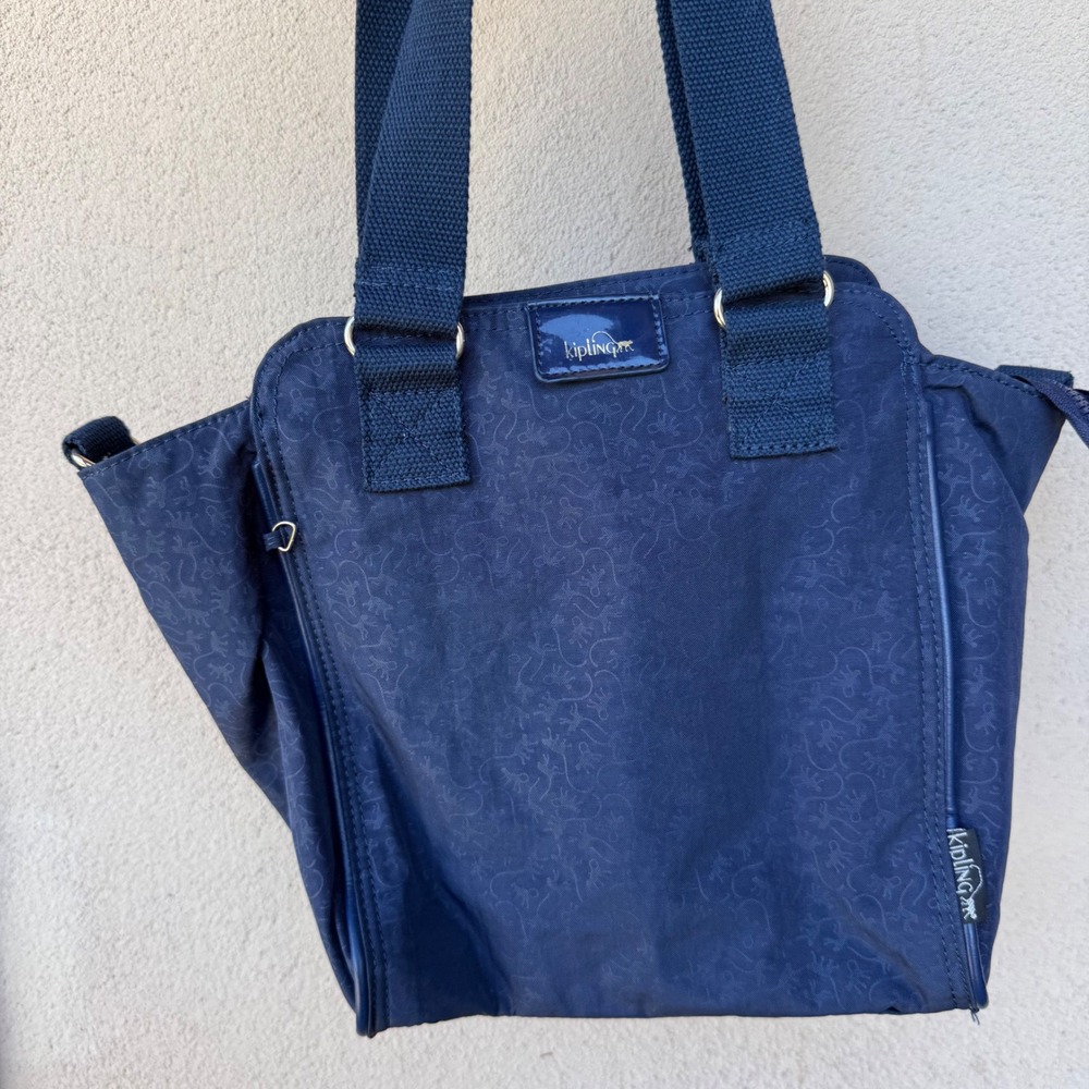 Kipling Tote Bag Womens Medium Navy Blue Monkey Print Nylon Zippered Lightweight